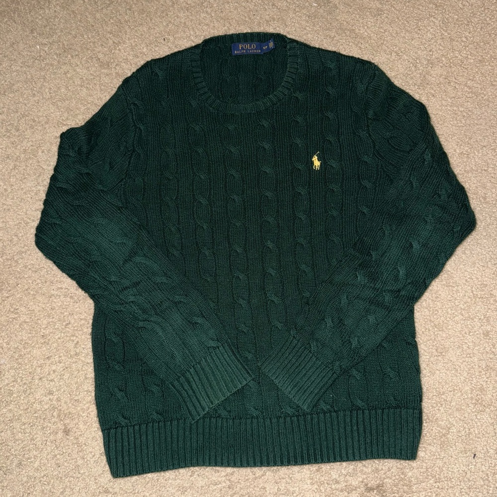 Polo by Ralph Lauren Dark Green Cable Knit Sweater with Yellow Pony - Picture 2 of 3